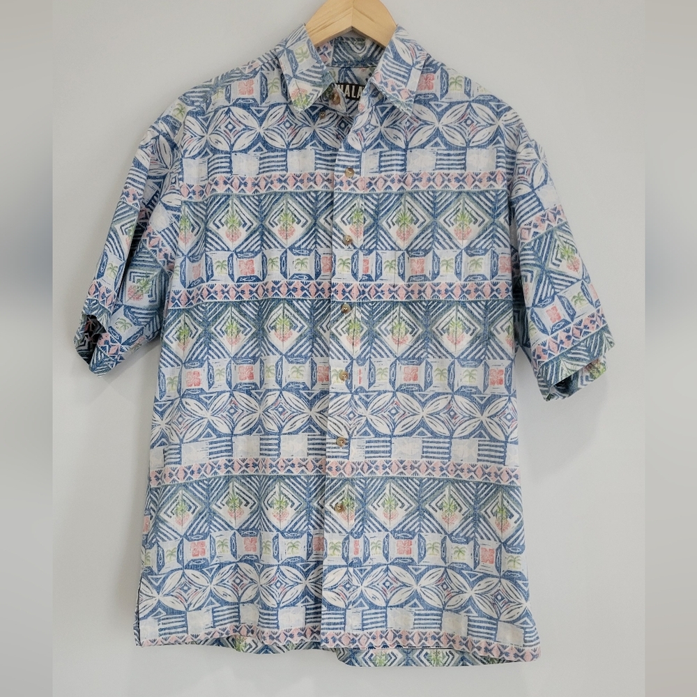 Kahala Men's Hawaiian Shirt Blue White Patter Pastel Diamond Cotton Blend Size L